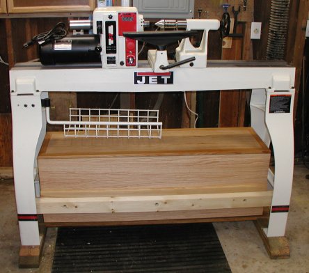 Jet 1642 Lathe with ballast box and trestle legs installed