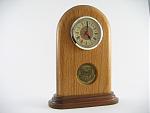 Oak and walnut desk clock with military coin